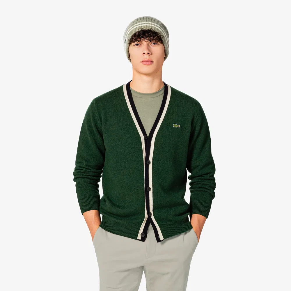Мужской шерстяной кардиган с V-образным вырезом тёмно-зелёный от Lacoste
