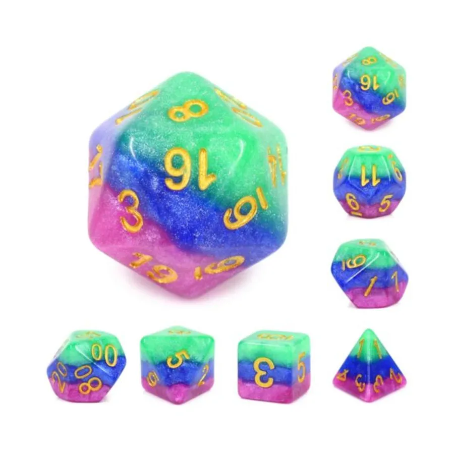 

Набор Poly Set — Шутовский гамбит с золотом (7), Dice Sets - Resin/Acrylic - Rainbow & Multi-Colored (Foam Brain Games)