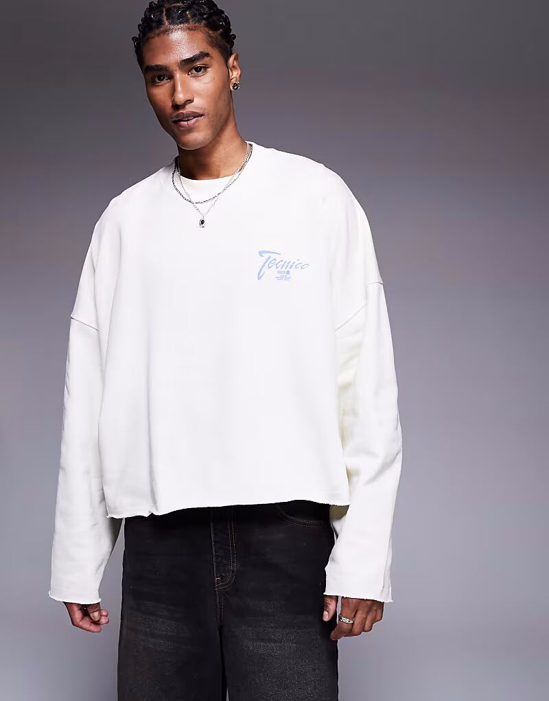 

Укороченная толстовка ASOS DESIGN свободного кроя с необработанным краем и принтом на груди белого цвета
