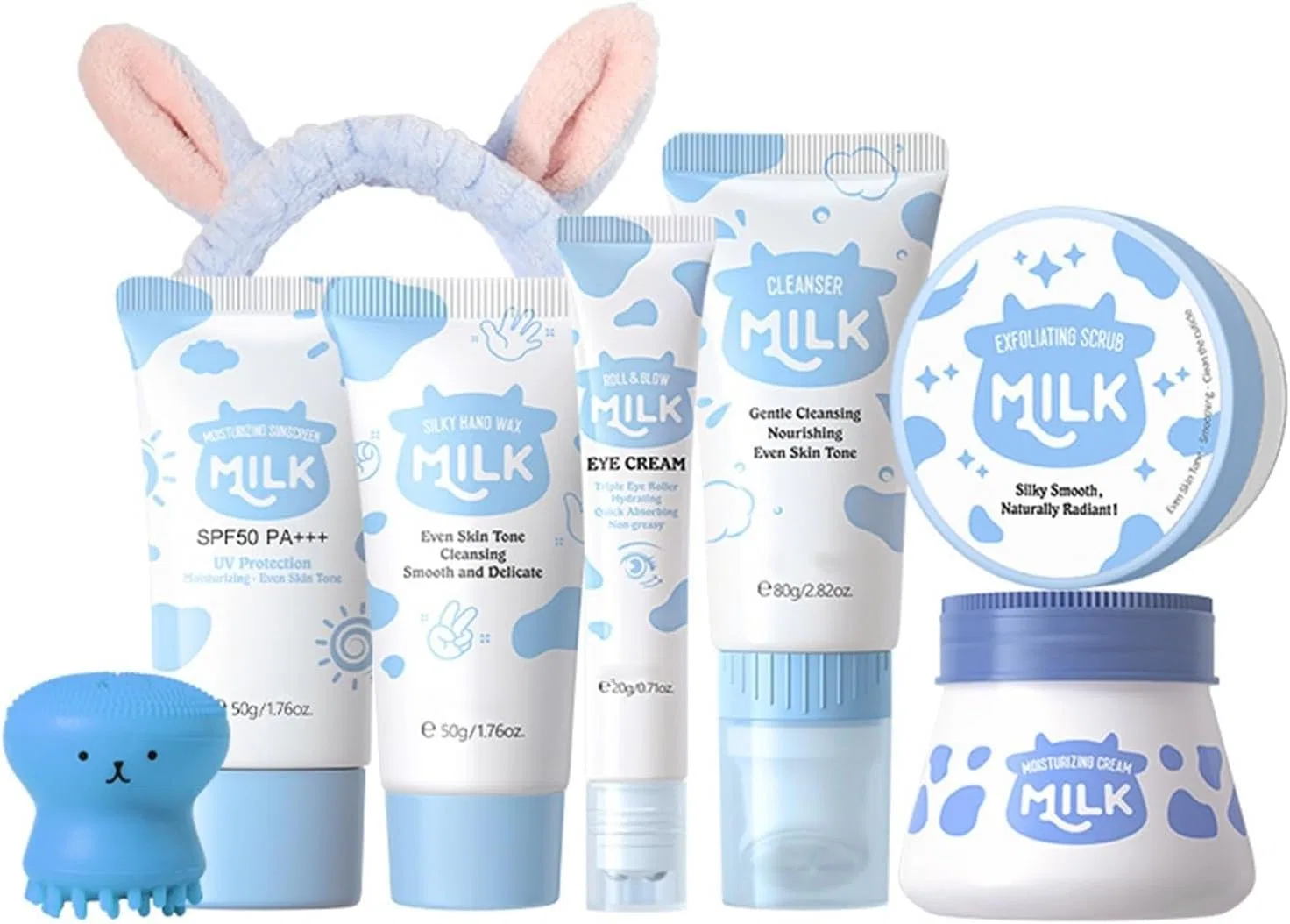 Набор для ухода за кожей Milk Girl, голубое очищающее средство для лица, ободок для волос, воск для рук, очищающее средство для глаз, скраб, увлажнитель, 30x16x8 см Generic
