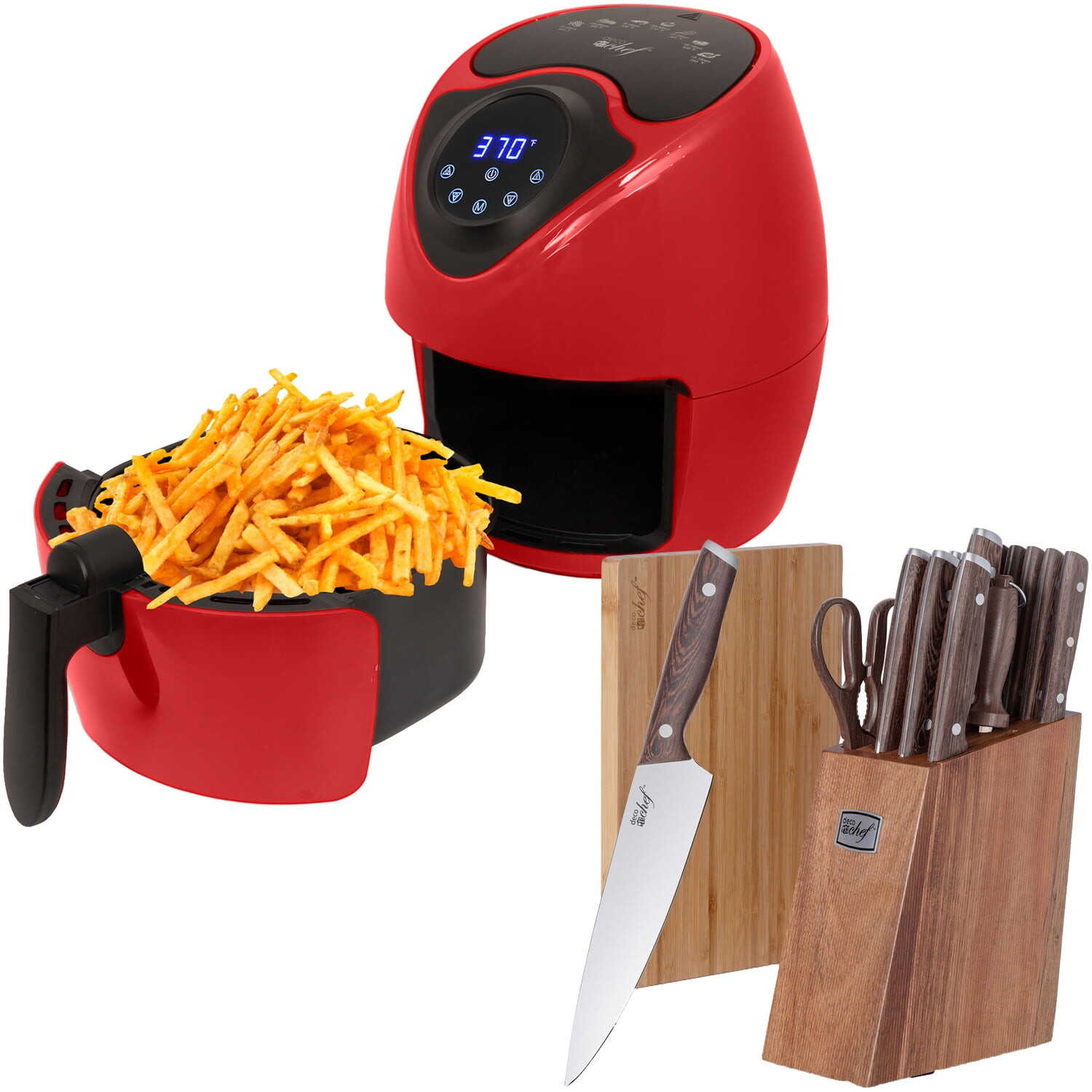 

Электрическая безмасляная цифровая фритюрница Deco Chef 3.7QT, красный + набор кухонных ножей Deco Chef из 16 предметов с клиновидными ручками, ножницами, блоком и разделочной доской