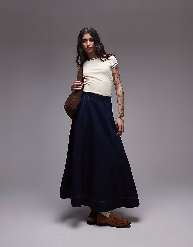 

Длинная джинсовая юбка Topshop цвета индиго с эффектом сырости