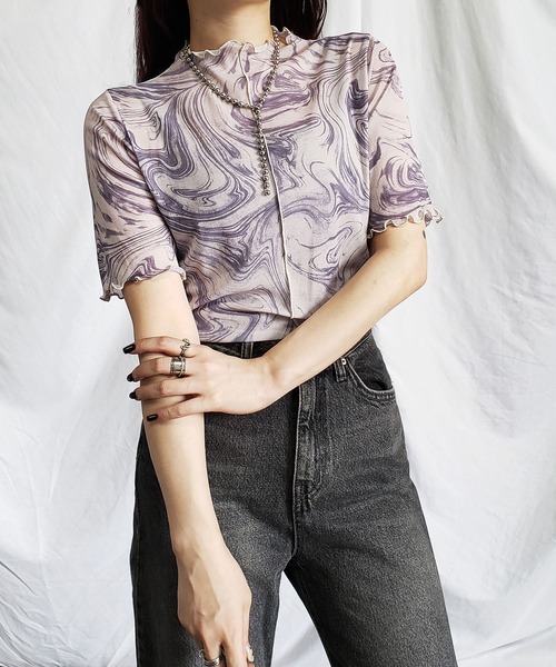 

Топ с коротким рукавом, прозрачный, двусторонний принт под мрамор Me+em select, фиолетовый