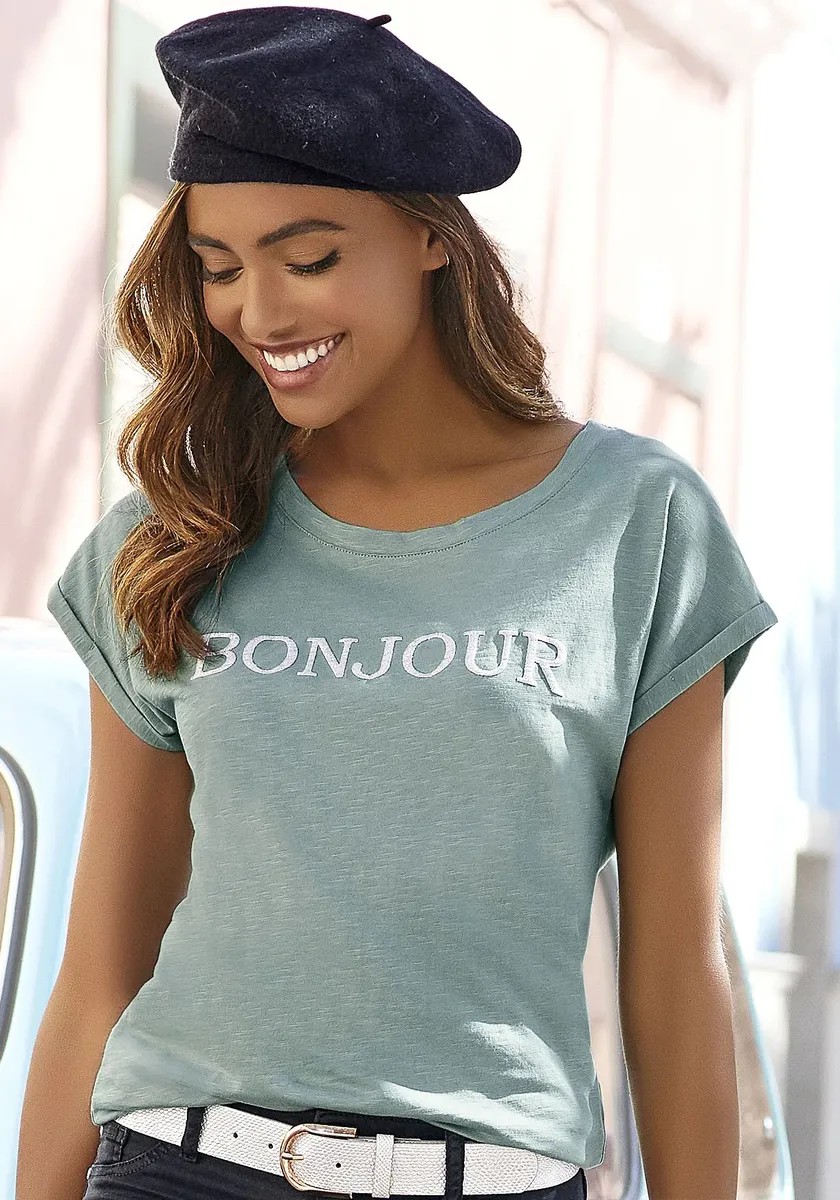 

Футболка Vivance с модным принтом спереди "Bonjour", мятный