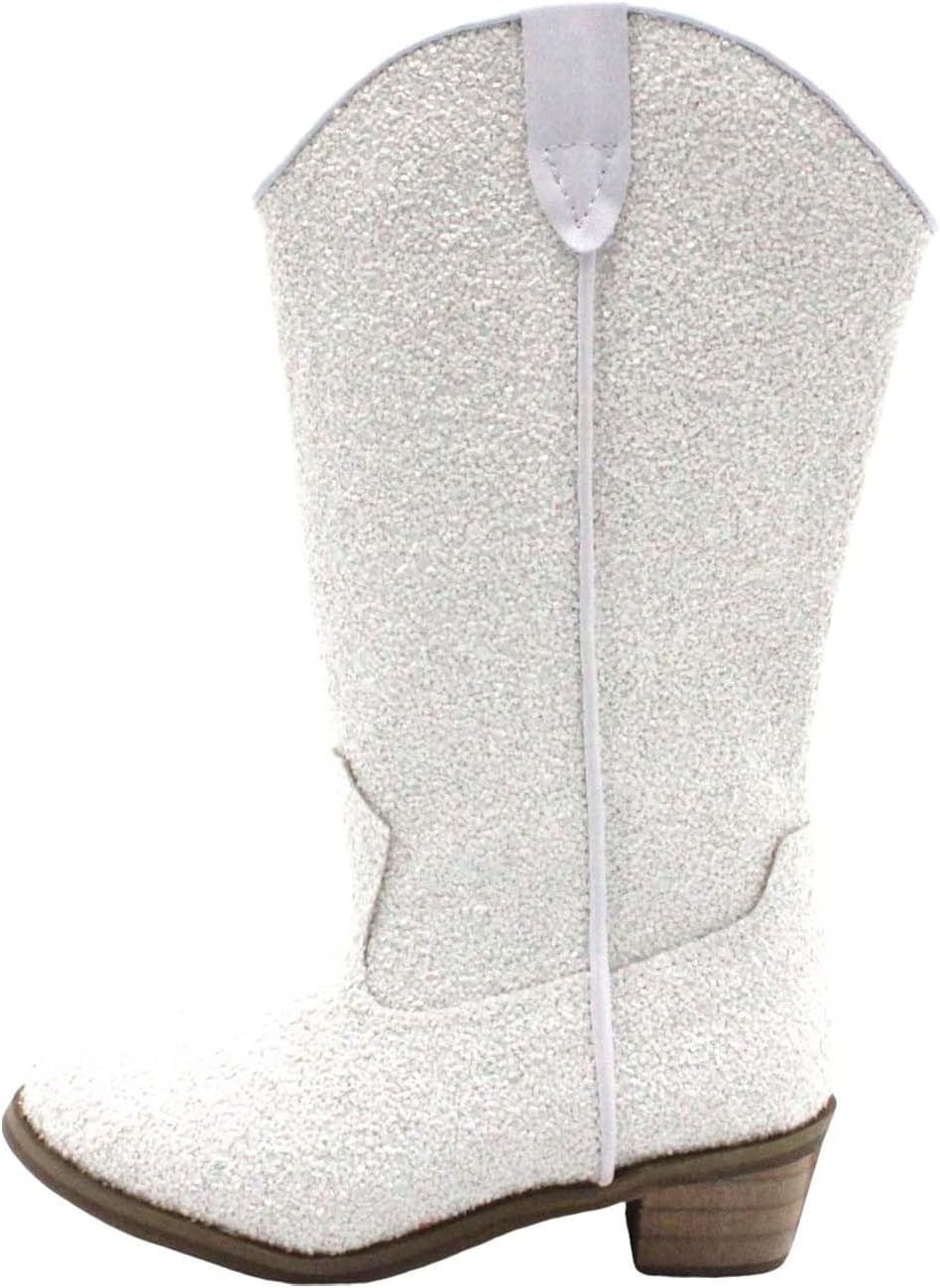 

Детские ковбойские блестящие сапоги с запрокидным носком, противоскользящие, с острым носком, средней голени, вестерн с низким каблуком для маленьких и больших детей Generic, White