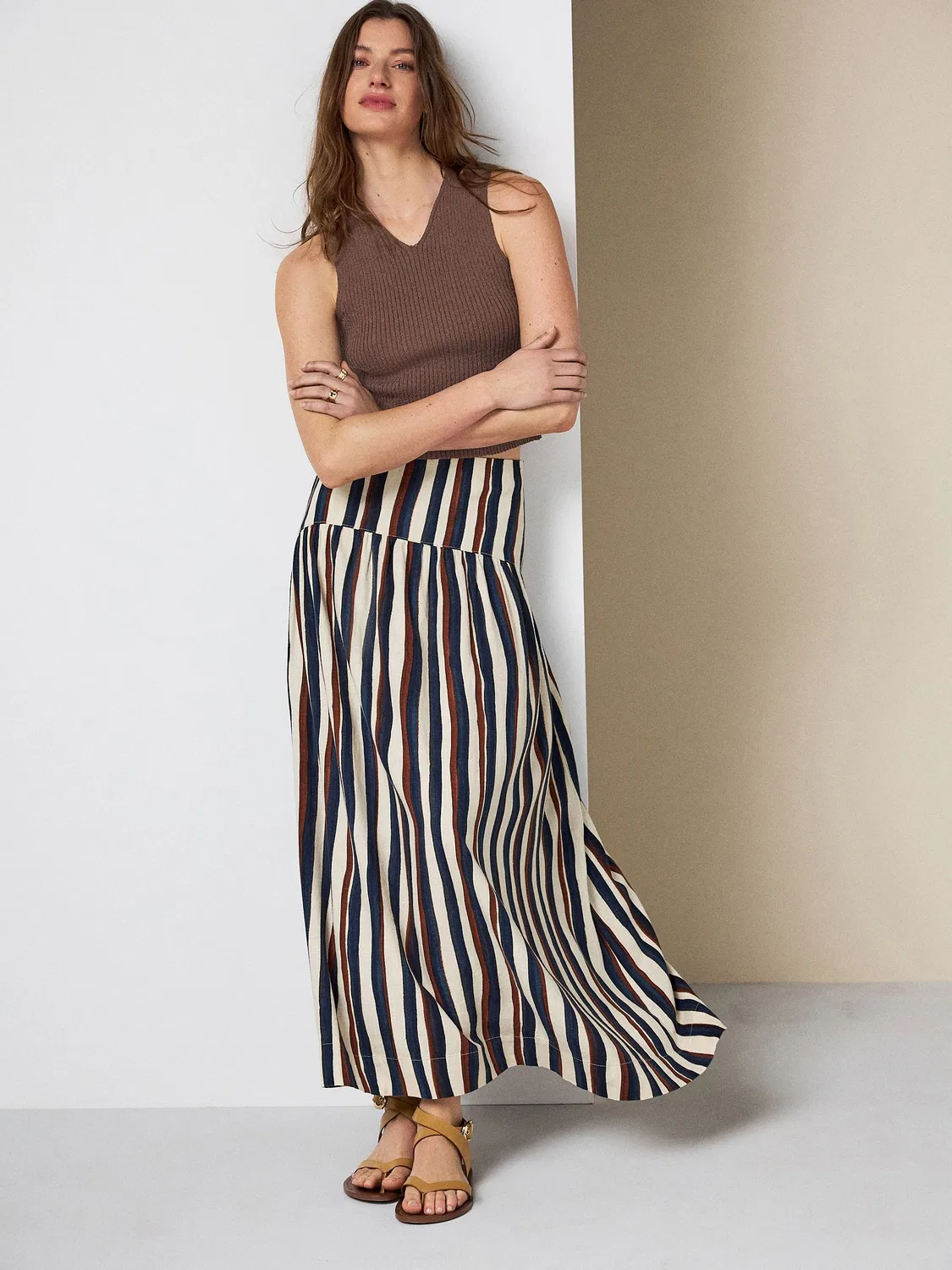 Юбка макси с заниженной талией, полоска Next, Navy/Ecru/Brown Stripe — фото 2