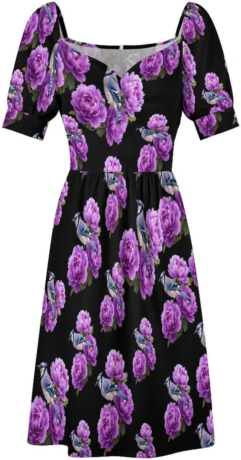 Женское летнее платье-трапеция с цветочным принтом Peony Flower Blue Jay Bird, Style — фото 4