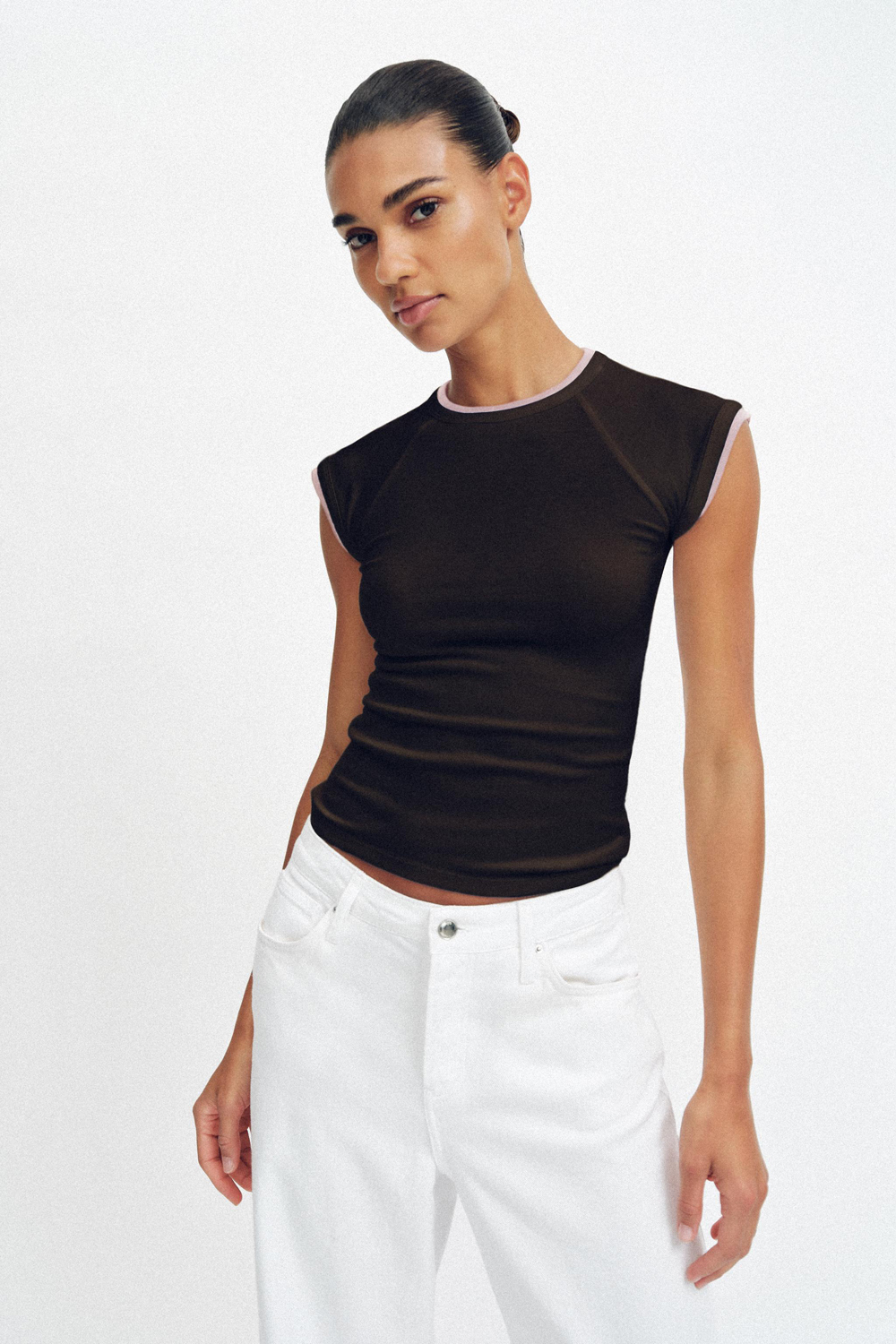 Футболка Zara Double Short Sleeve Effect, шоколадный