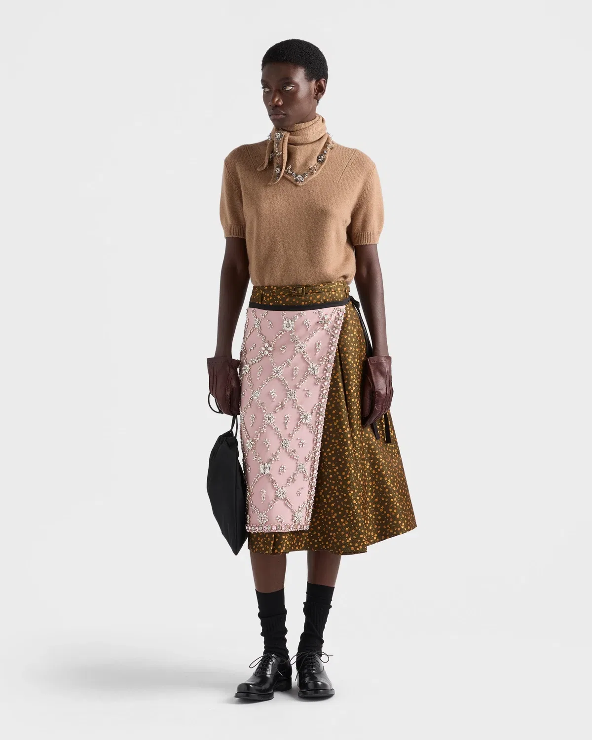 Юбка-трапеция на подкладке с ремнем Prada, зеленый — фото 2