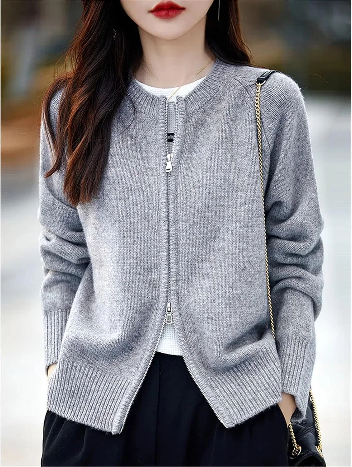 Женский кардиган-свитер на молнии, Merino Wool, с воротником-стойкой, серый — фото 4