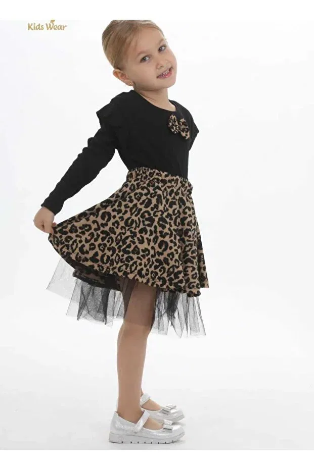 Детское платье для девочек с принтом Girl's dress leopard print tulle lycra stretchy combed cotton dress Azra Çocuk Giyim, Black — фото 2