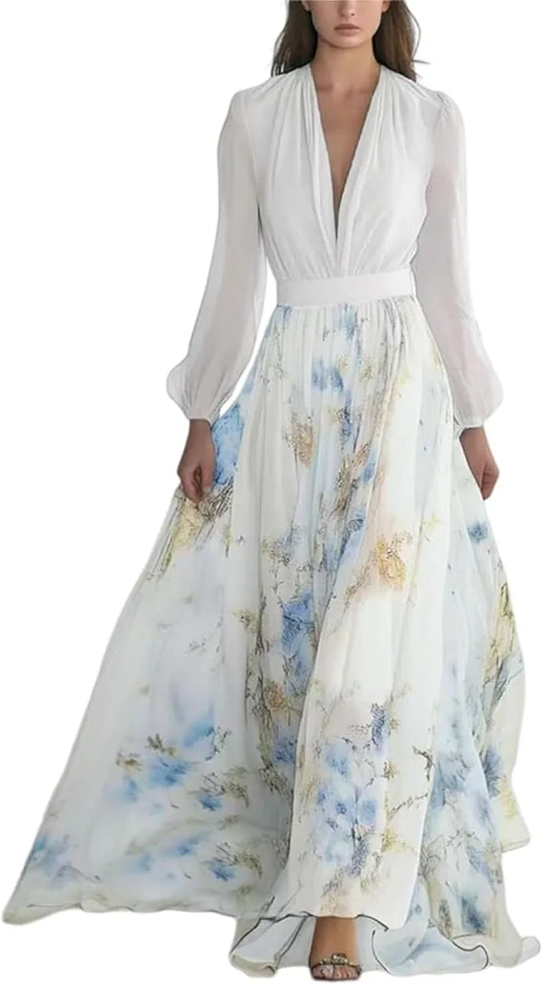Женское длинное платье с цветочным принтом V-образным вырезом, Light Blue — фото 4