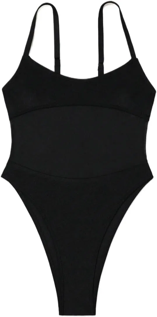 Женский цельный купальник с высокой линией бедра без спинки Elegant Mesh Patchwork, Black
