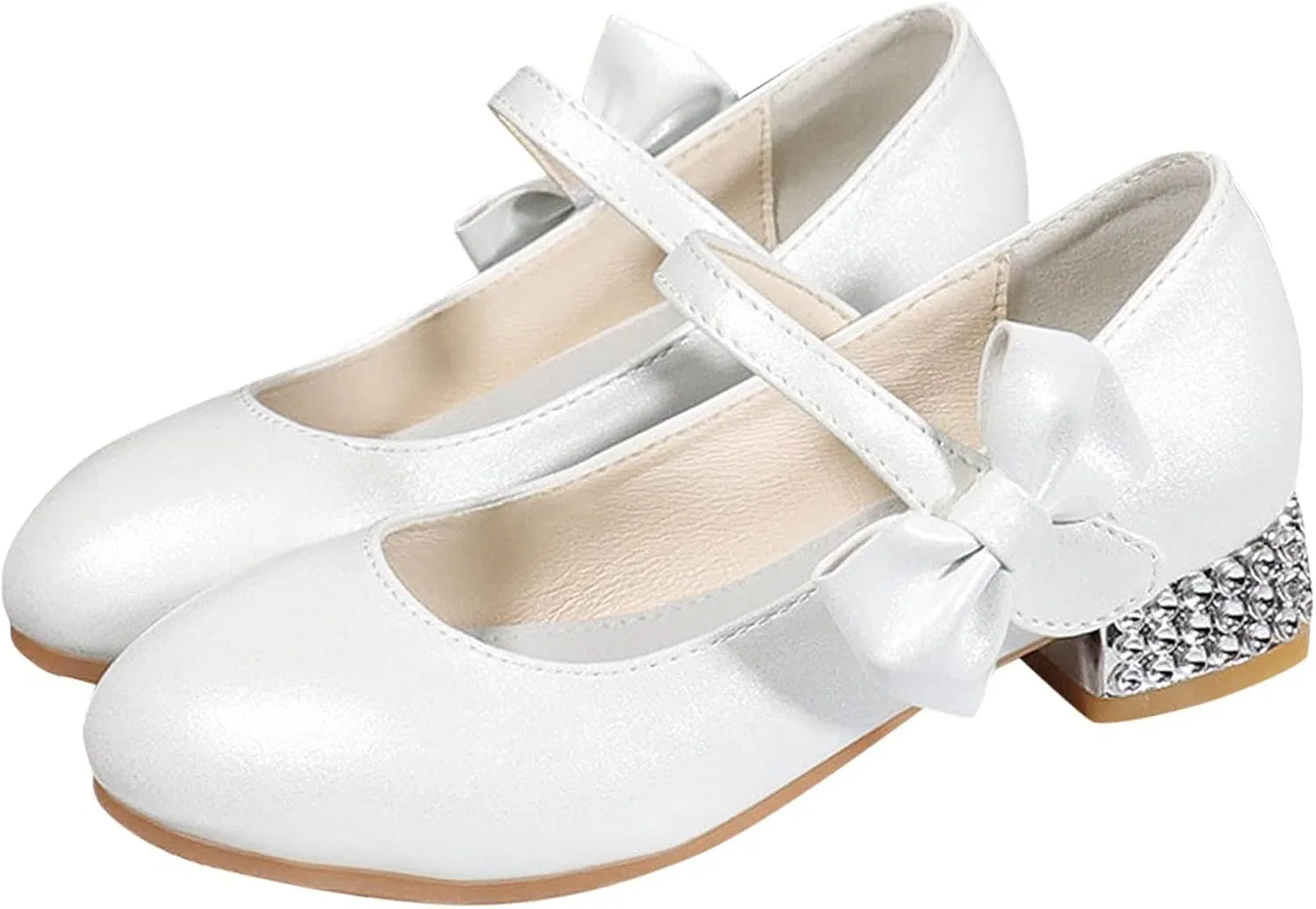 Детские туфли для девочек с бантом Mary Jane Flat Princess Wedding Party Bowknot Child Little/Big Kids School Low Heel Rhinestone Egmy, White — фото 3