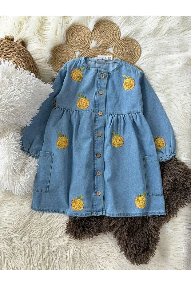 Детское платье из денима с вышивкой для девочек Fruit Embroidered Denim Girls' Loose Dress Alvadonna, Blue — фото 4