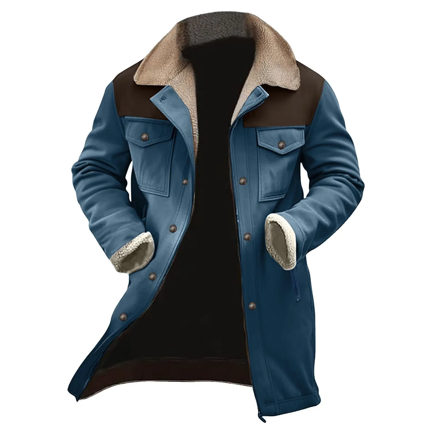 Мужское зимнее пальто с плюшевым воротником Vintage Suede Leather Plush Collar Winter Jackets, blue — фото 3