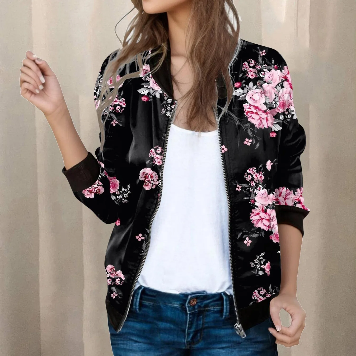 Женская джинсовая куртка Casual Print Coat Stand Collar Short Sports Outerwear Zipper Tops Long Denim Jacket, Black — фото 2
