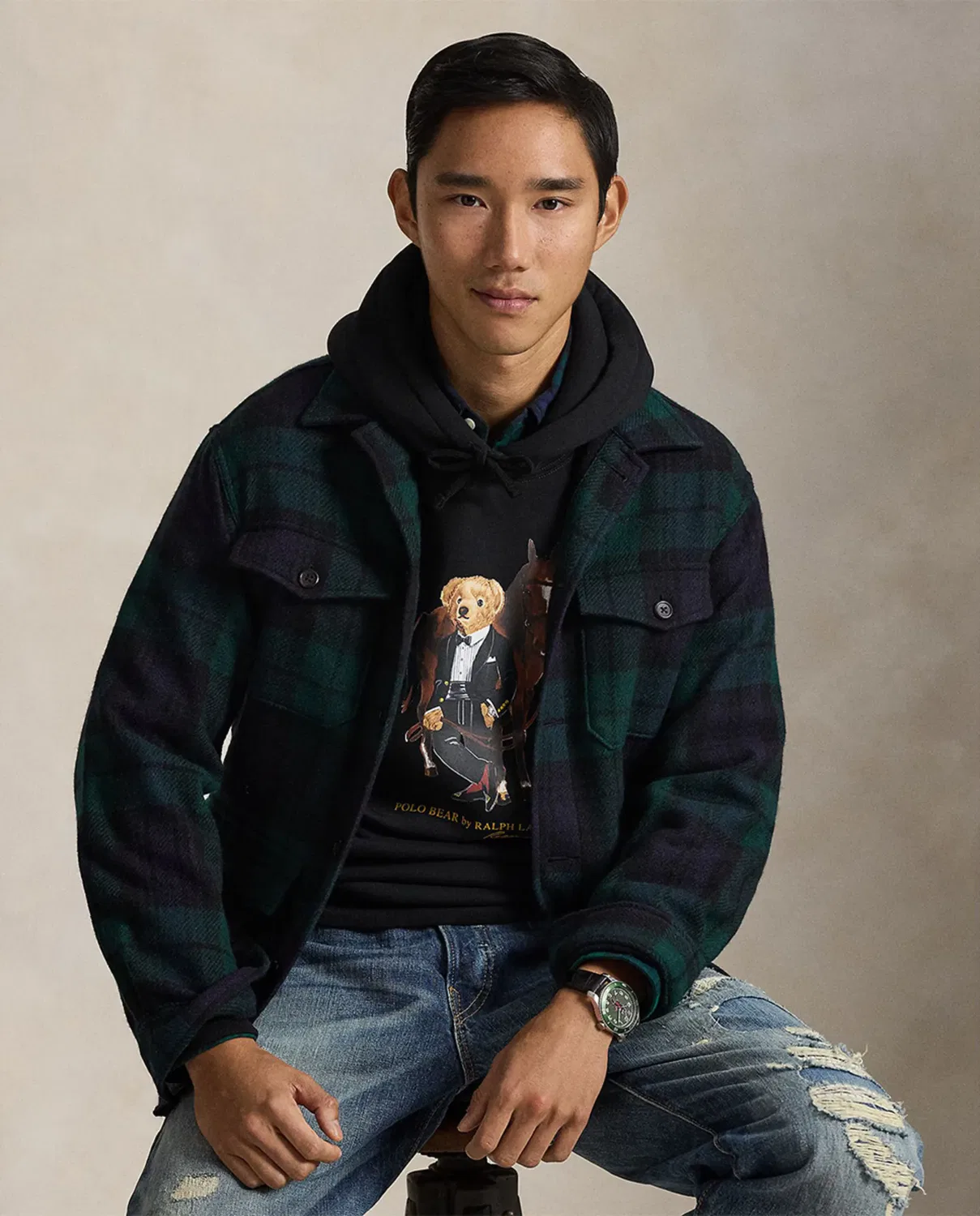 Мужская худи с капюшоном с принтом Polo Bear Polo Ralph Lauren, Negro — фото 4