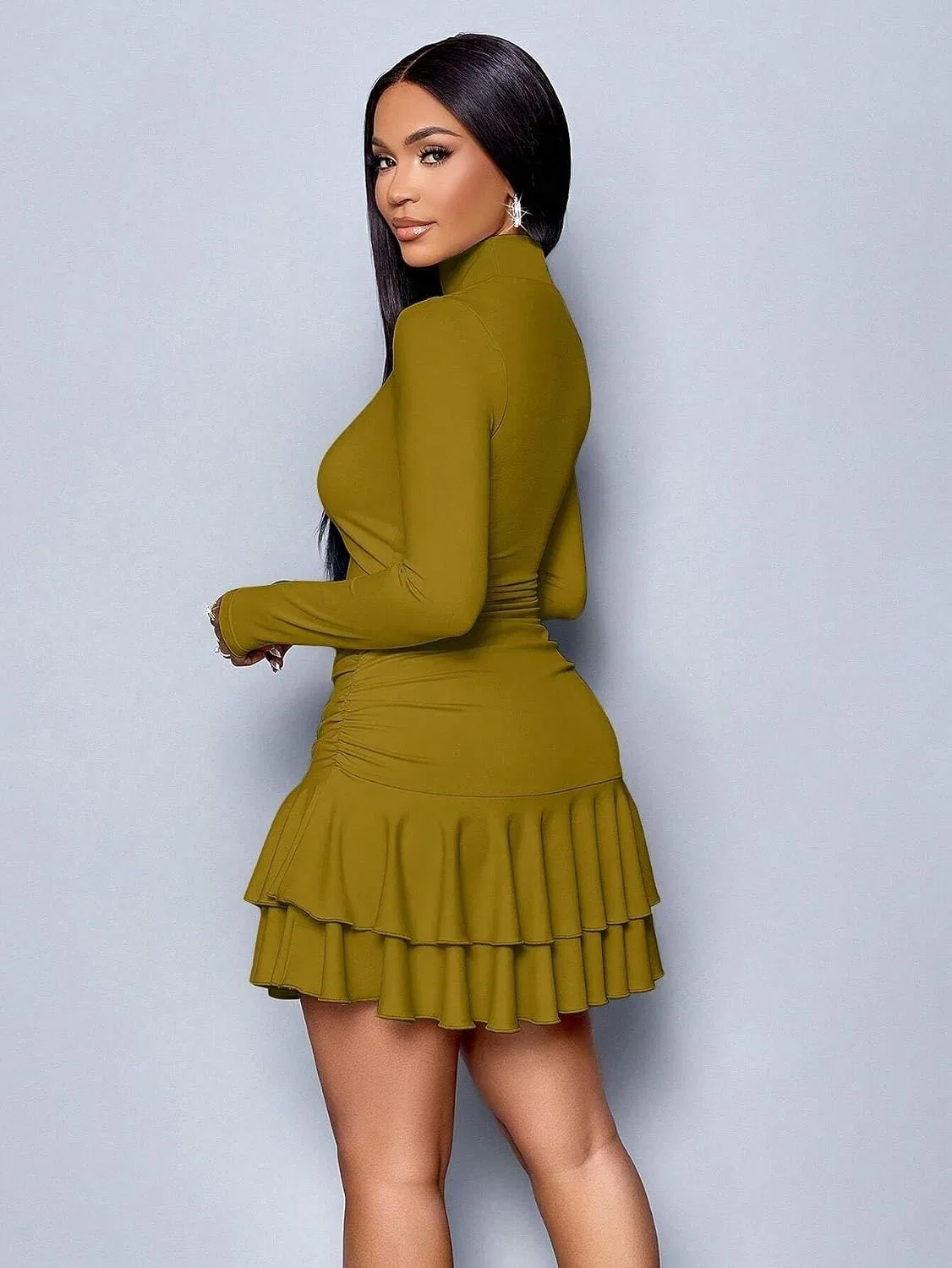 Женское облегающее мини-платье с воротником-стойкой, Brown — фото 3