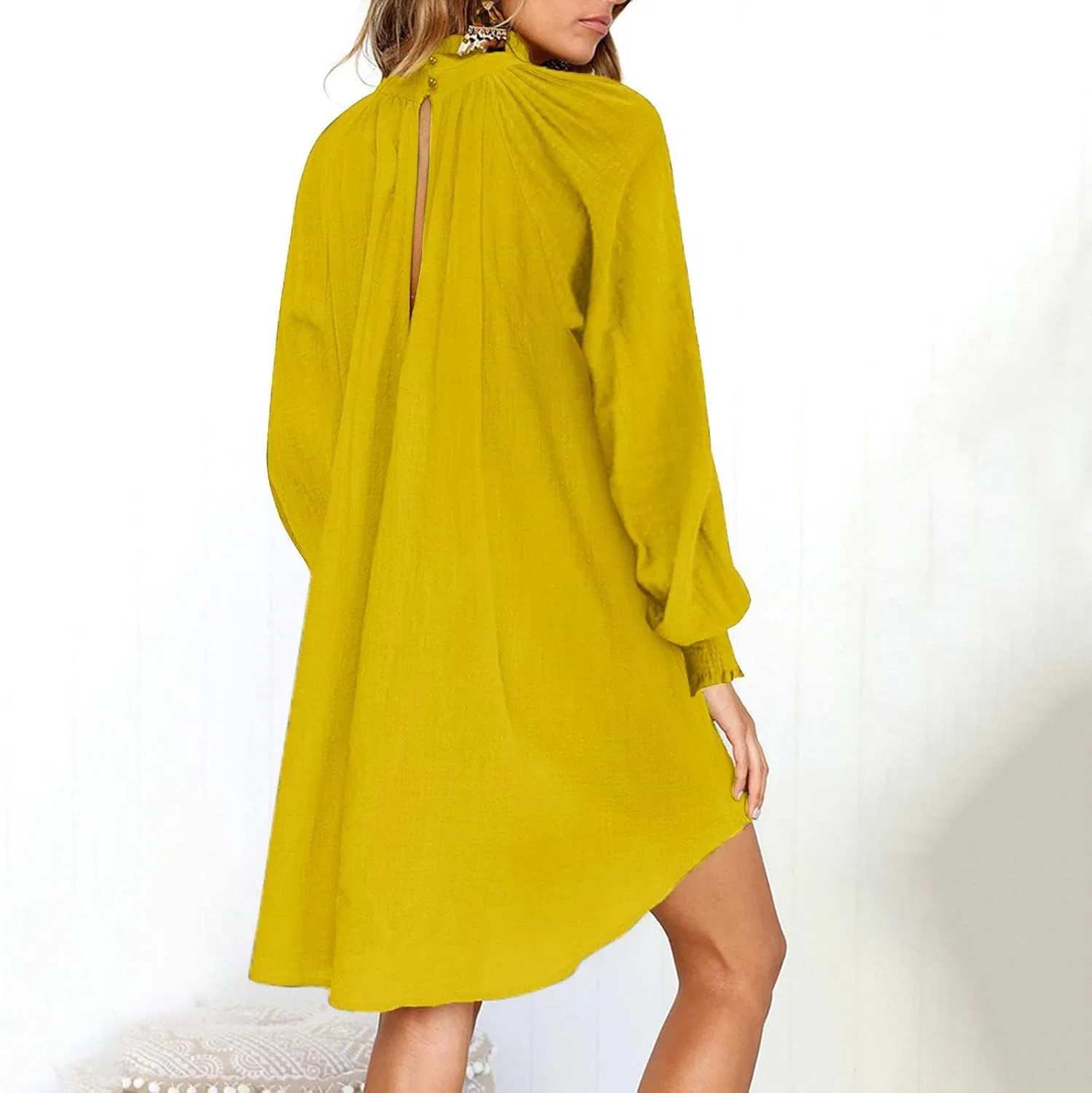 Женское свободное платье с длинным рукавом LIXIAO, Yellow — фото 3