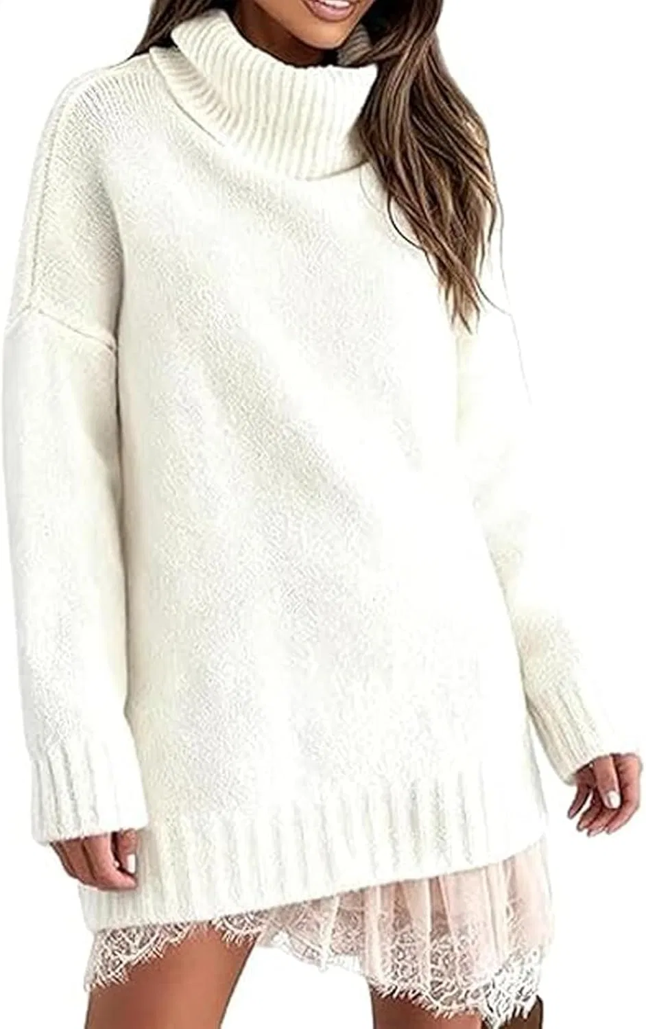 Женский комплект из водолазки и мини-платья с кружевной отделкой, White