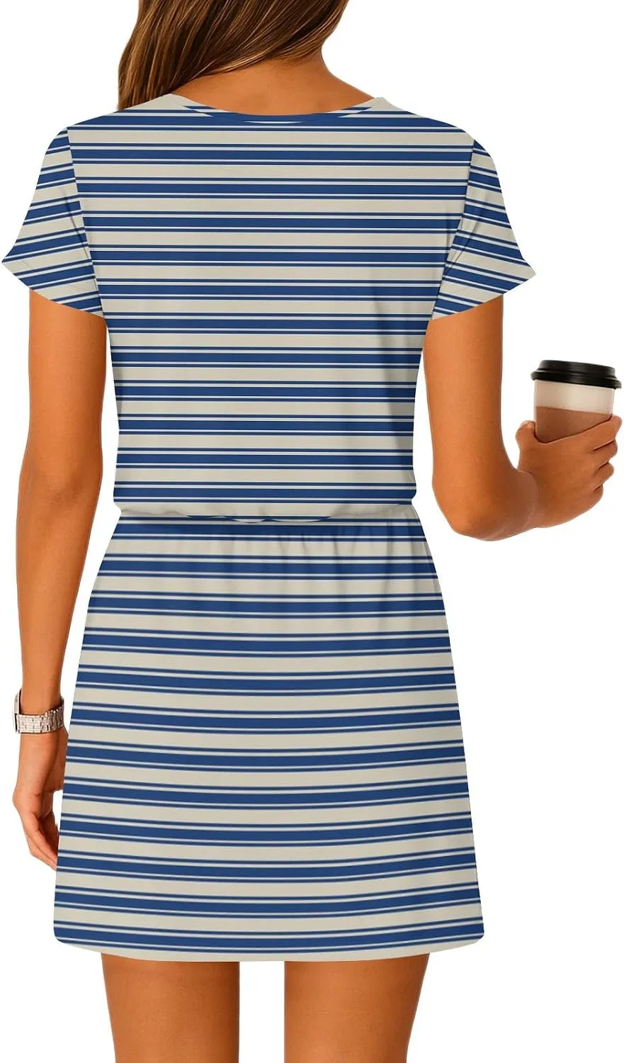 Повседневное мини-платье А-силуэта с завязками на талии, карманами, Blue — фото 3