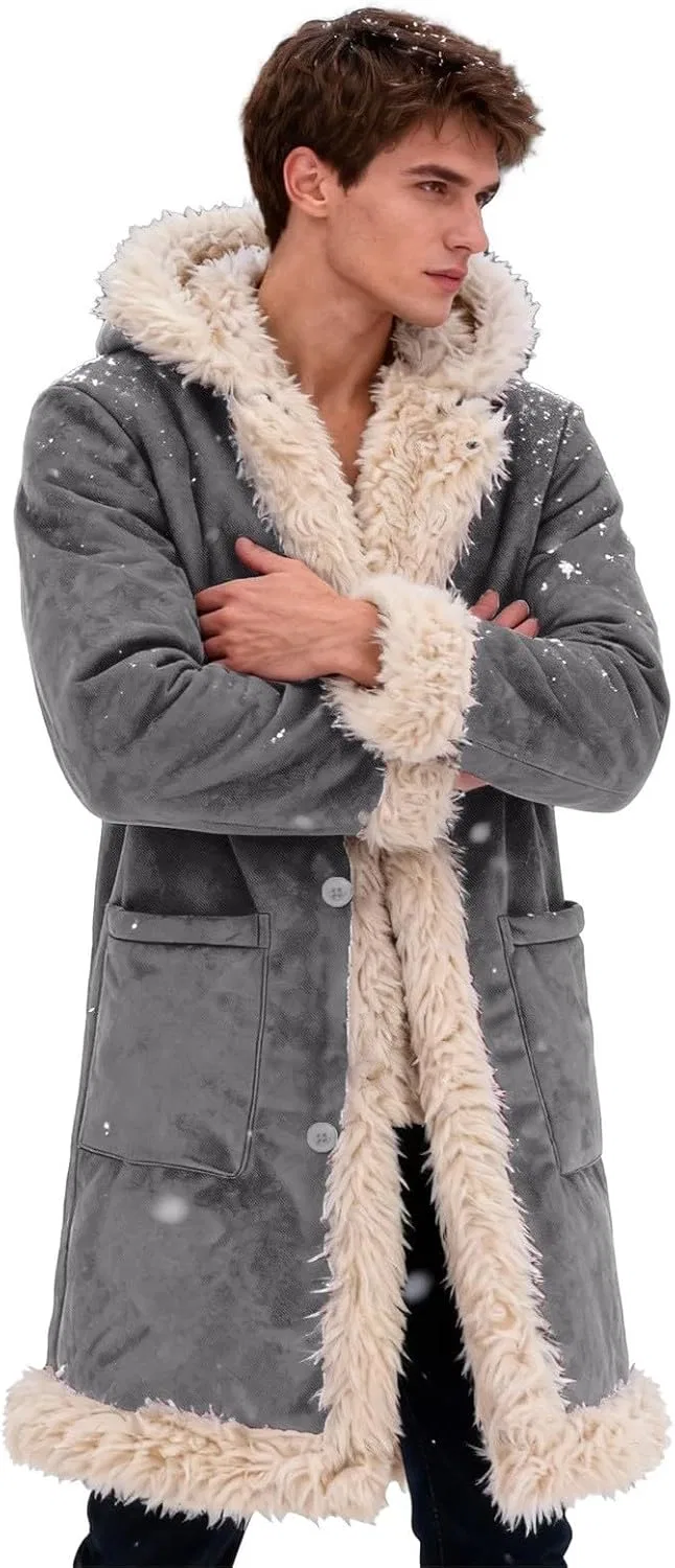 Мужское длинное пальто с капюшоном на флисе, с искусственным мехом, Christmas Santa Claus Coat, серый