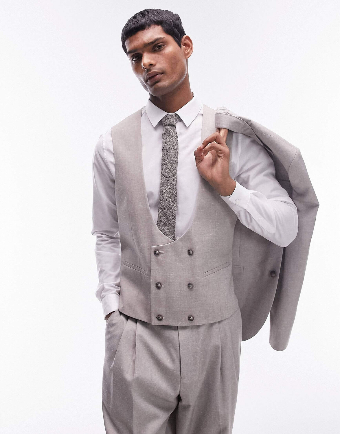 

Жилет Topman With A Fitted Cut Made Of Linen-Blend Material, серо-бежевый