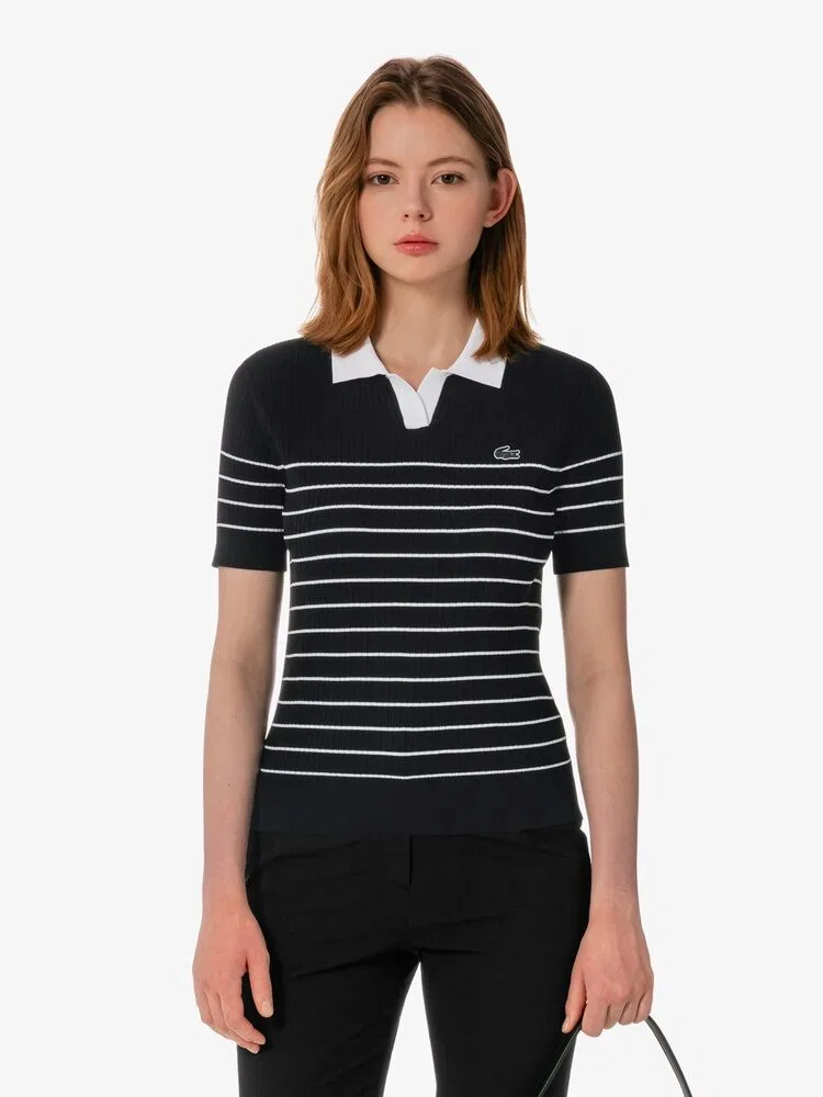 Свитер поло LACOSTE Black с фактурным полосатым узором — фото 3