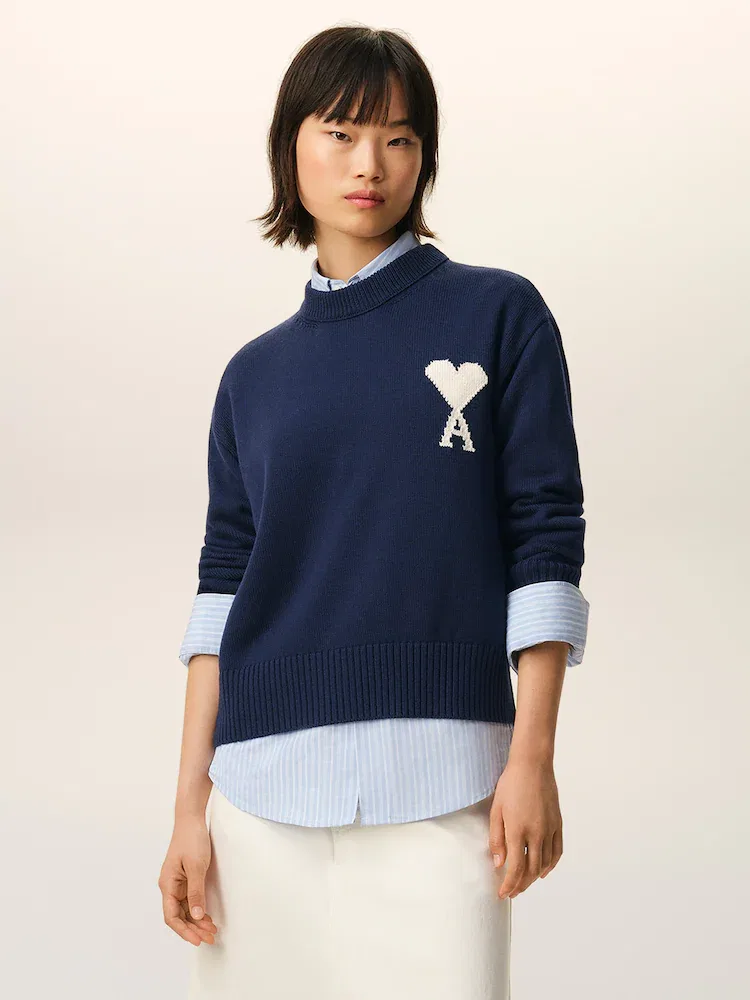 Свитер с круглым вырезом, контрастный логотип Ami De Coeur AMI PARIS, Navy