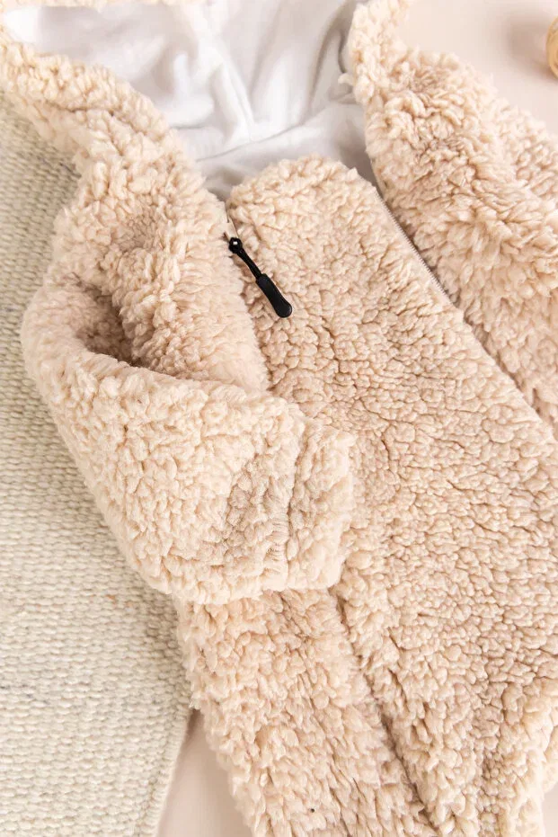 Детский комбинезон-сафари с капюшоном Welsoft plush winter baby girl/boy jumpsuit with hooded teddy bear figure Babymod, Beige — фото 3