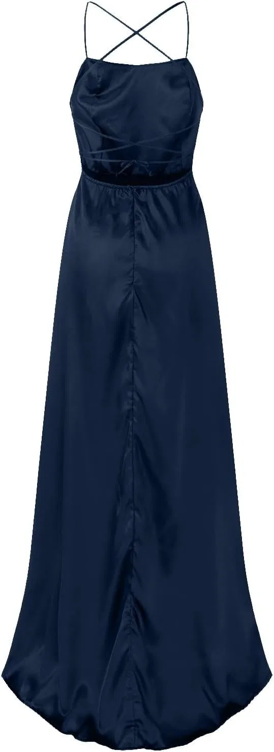 Женское длинное платье с карманами из сатина Halter Spaghetti Strap, Dark Blue — фото 4