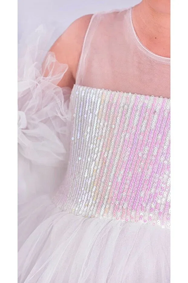 Детское платье для девочек с коротким рукавом Pon Pon Sleeve Dress Sequined Tutu Little Pumpkin, White — фото 2