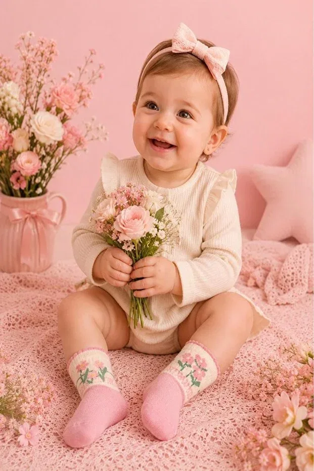 Детские носки хлопковые Organic cotton premium 5-piece baby & kids colorful patterned socks / washable / seamless toe Lakoren, Pink — фото 2