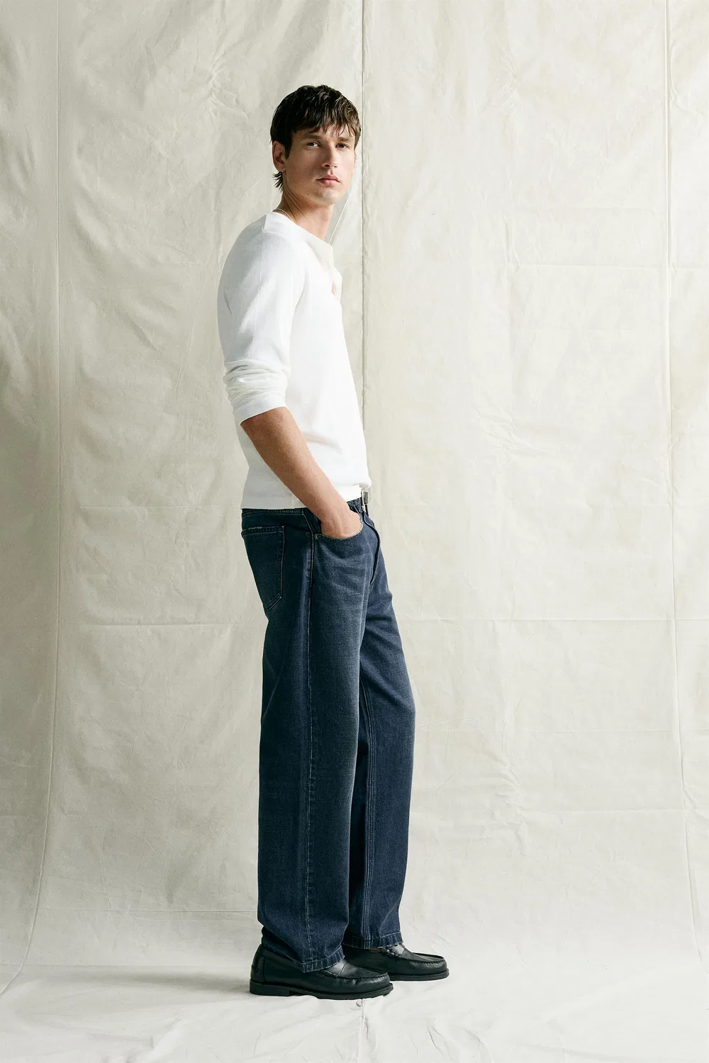 Хлопковая/льняная футболка Henley ZARA, White — фото 4