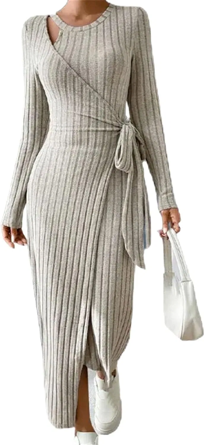 Женское вязаное платье-свитер с поясом Solid, Light Grey