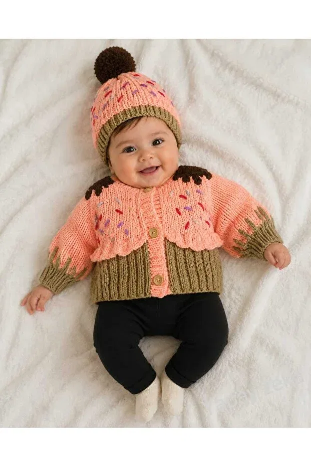 Детский кардиган для новорожденных вязаный с принтом Hand-Knitted baby cardigan handmade Hobilanka, Brown