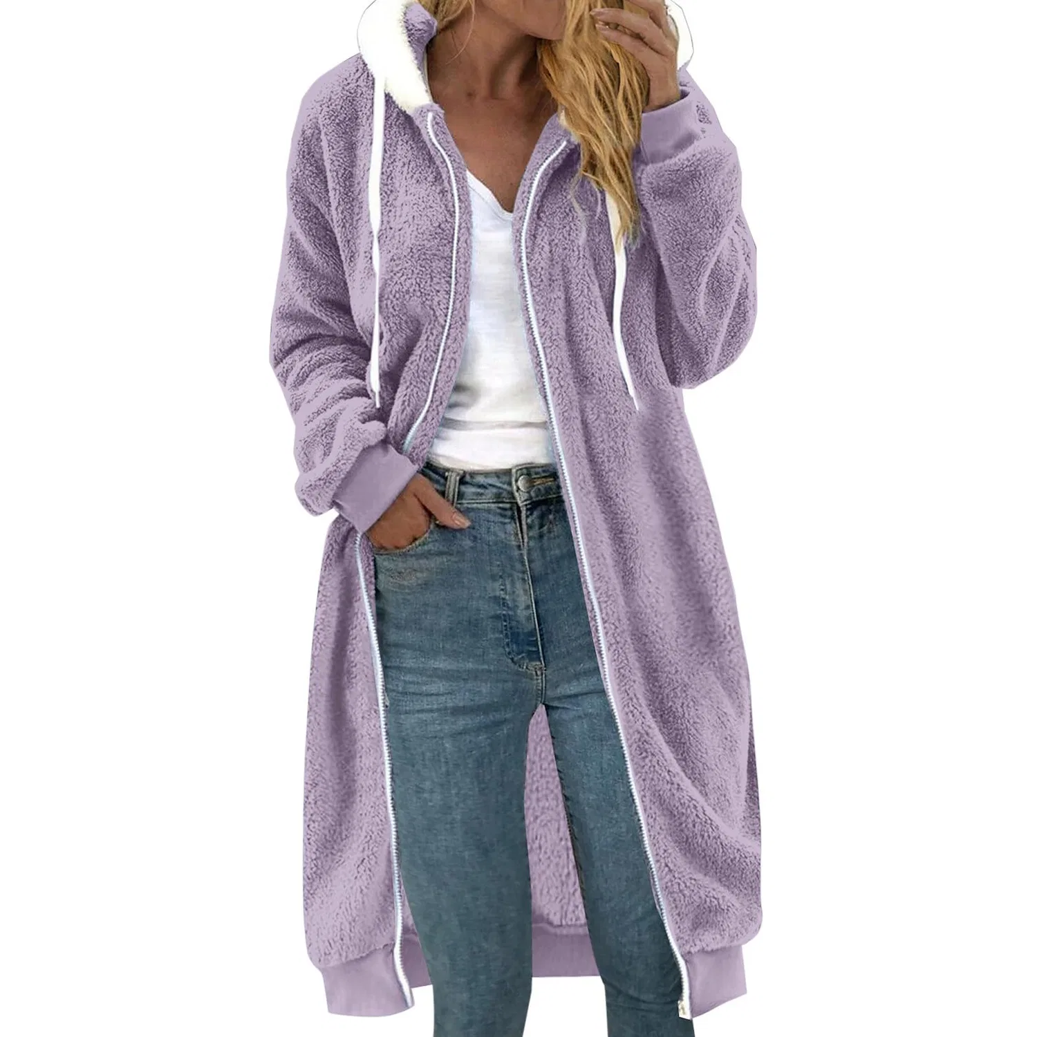 Женская куртка из флиса с длинным рукавом и молнией, purple