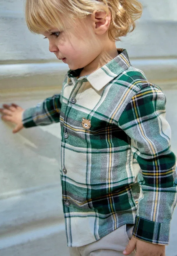 Рубашка хлопковая Regular fit Long sleeve check character shirt Next Green Ecru Bear, зеленый/кремовый — фото 3