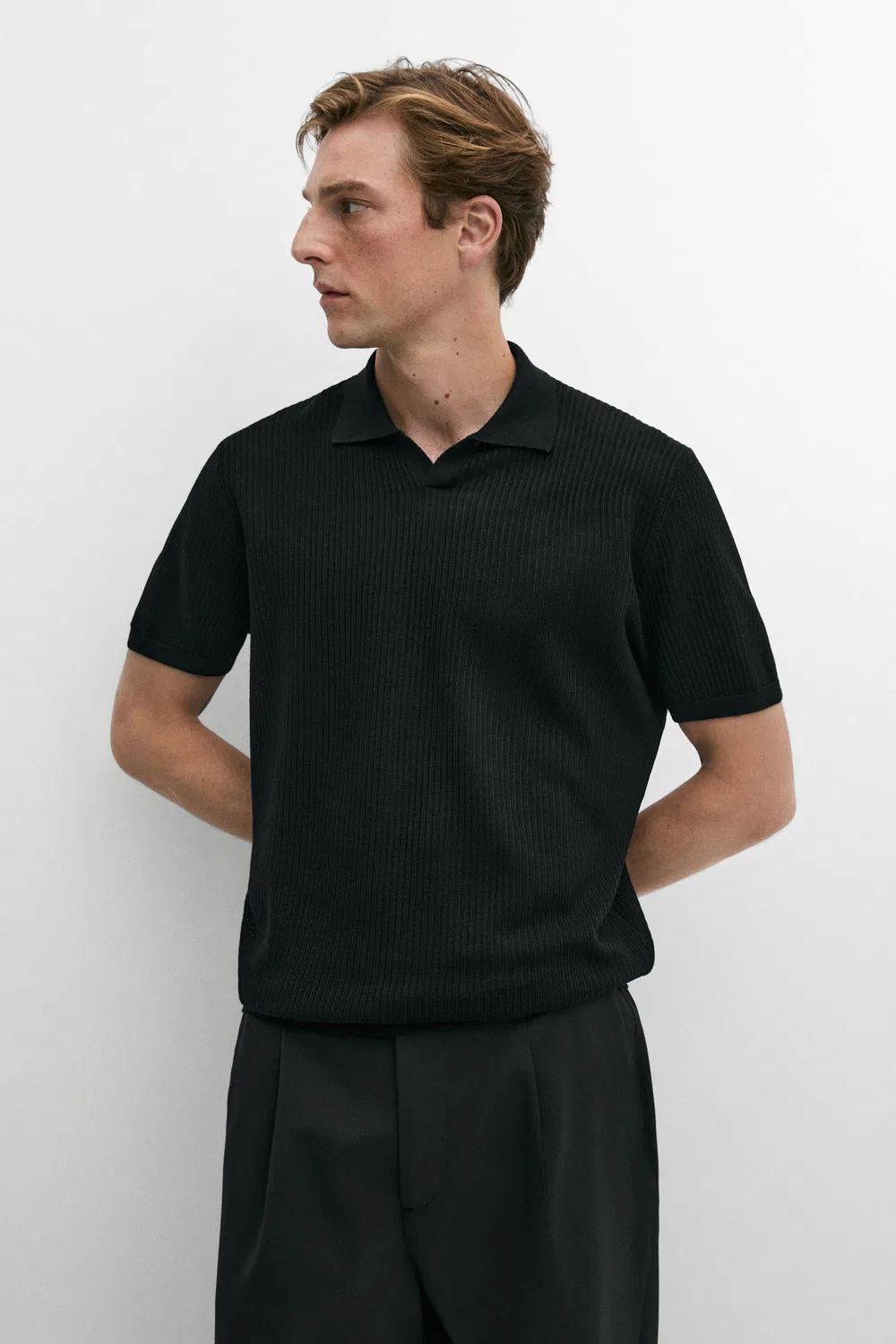 Поло Massimo Dutti Wool Blend Short Sleeve Knit, черный