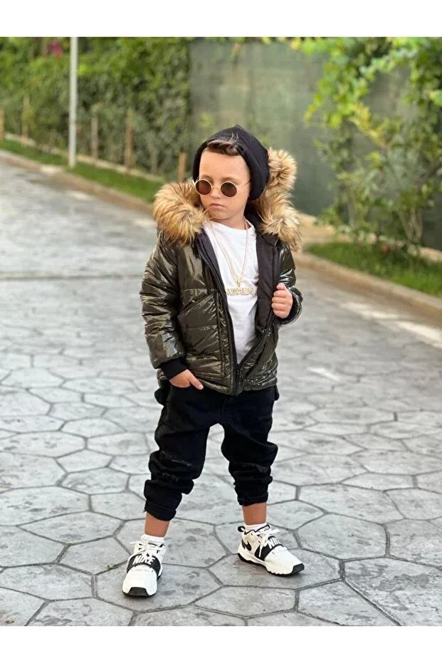 Детское зимнее пальто для девочек с капюшоном Miniklerin Dünyası, Haki — фото 3