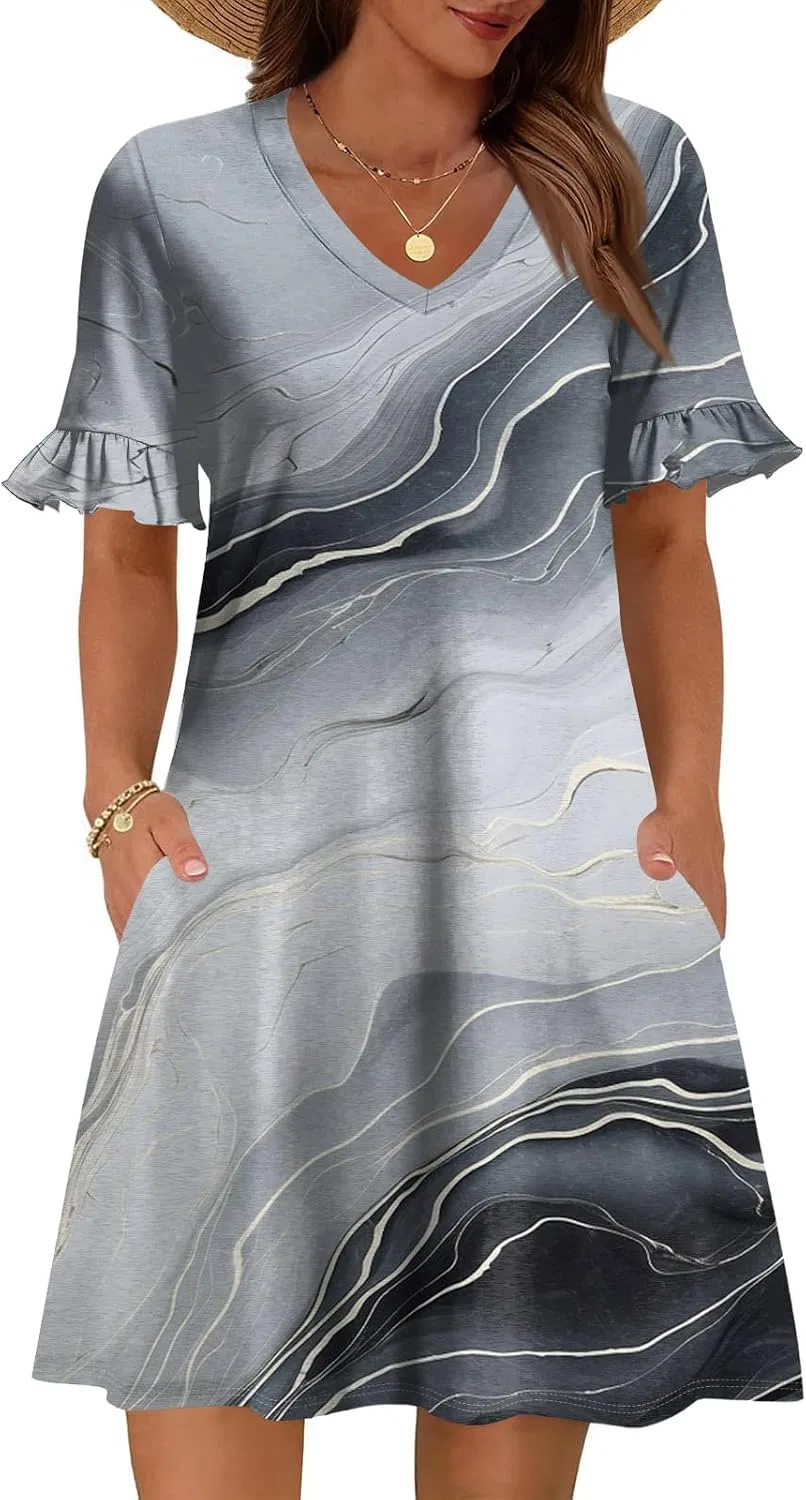 Женское летнее платье с рюшами A-line, V-образный вырез, 2-light Gray