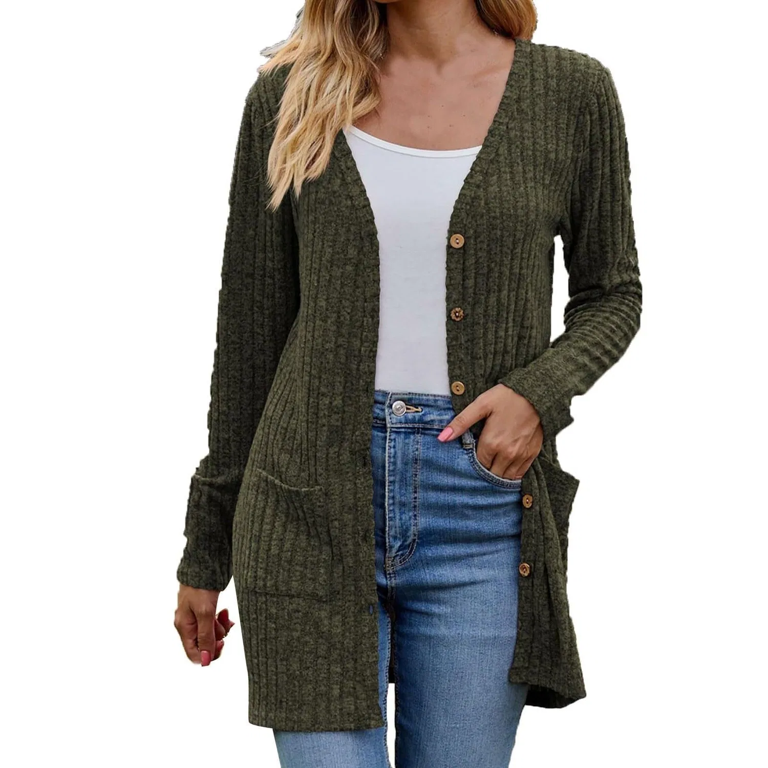 Женский кардиган с V-образным вырезом, Army Green