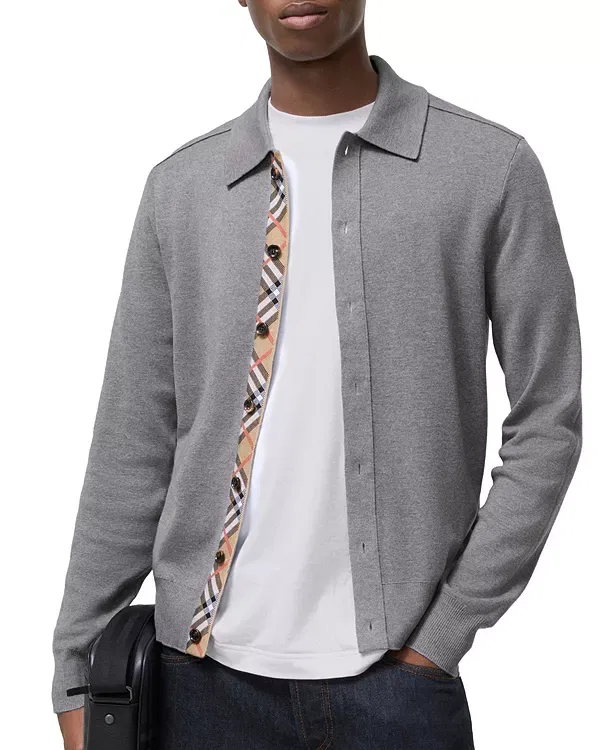 Мужской кардиган с воротником из тонкой шерсти Check Trim Burberry, серый