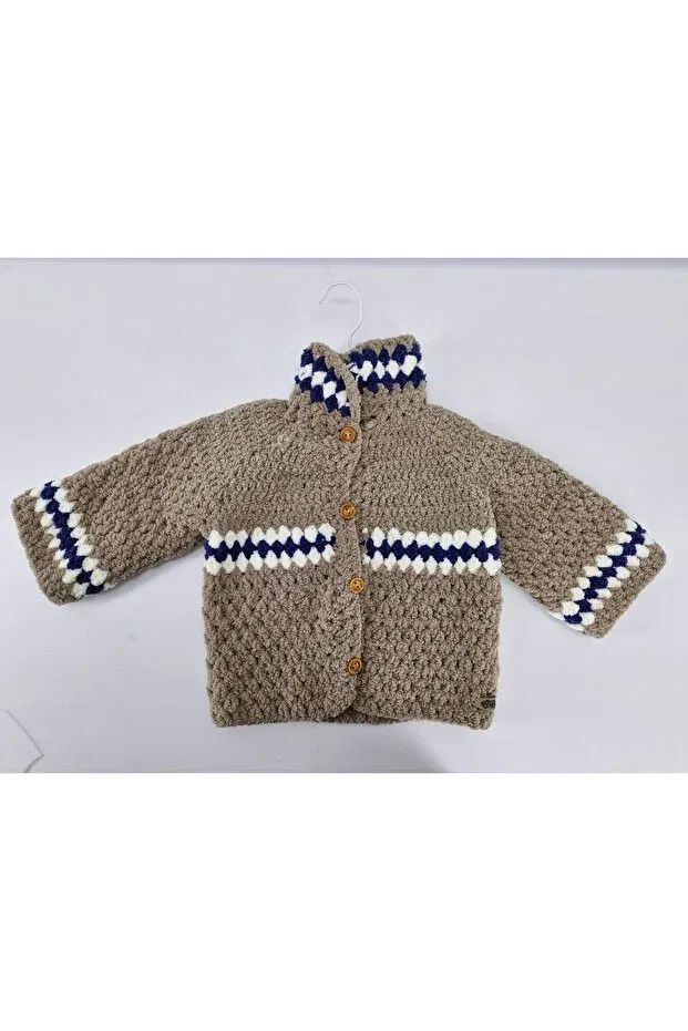 Детский кардиган с полосками Hand knitted soft plus brown navy blue white striped cardigan Evitle, Brown — фото 2