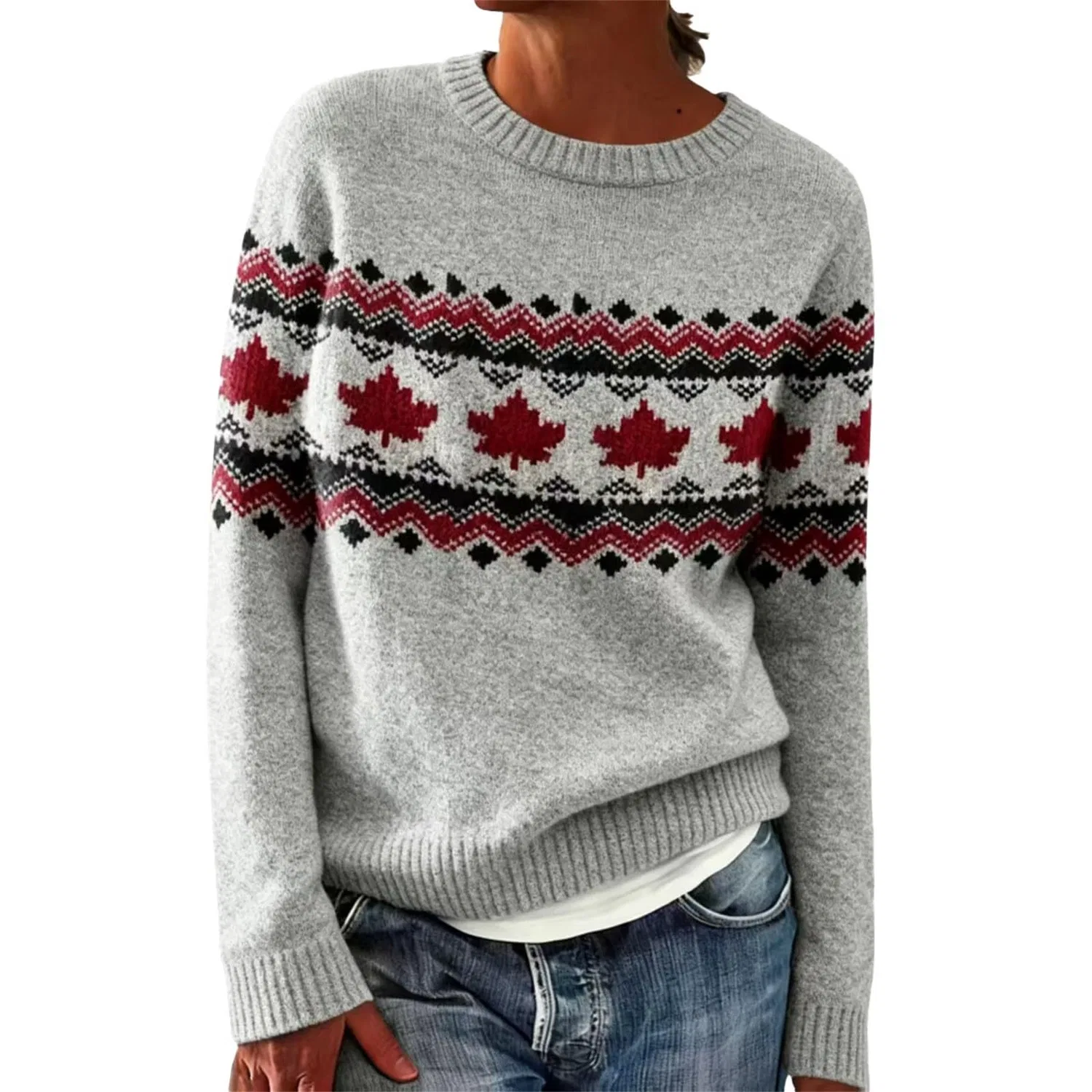Женский свитер оверсайз с принтом Maple Leaf Print, Grey
