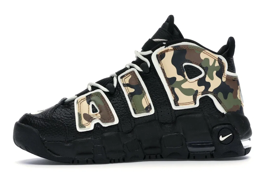 Детские кроссовки Lifestyle с камуфляжным принтом Nike Air More Uptempo 96 Nike, Black/Sail-Light British Tan-Asparagus-Outdoor Green-Celestial Gold — фото 3