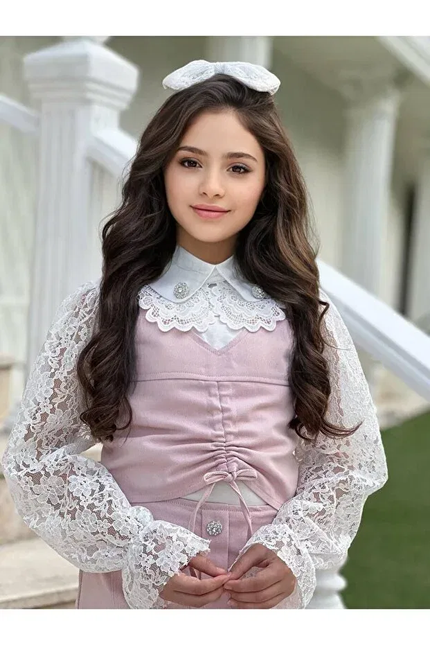 Детское платье для девочек кружевное Girl child 3-11 years old lace detailed shirt collar dress i vintage style lace sleeves stylish dress Yalçınoğlu Kids, Powder — фото 3