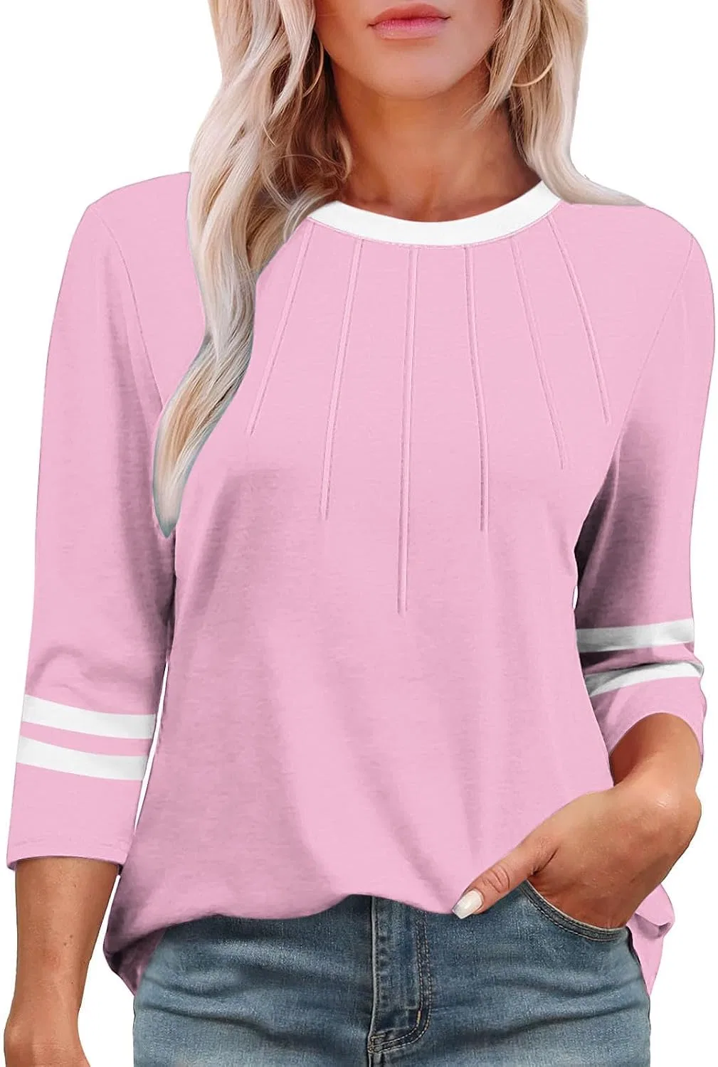 Женская блуза с цветовым блоком и плиссировкой 3/4 рукава, Pink — фото 2