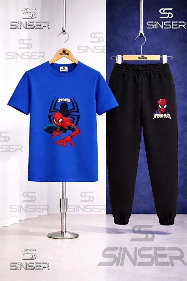 Детский спортивный костюм для девочек с принтом Orumcekman Orumcegin Onunde 3lu Square In The Square 3lü T-shirt Tracksuit Set Ss Sinser, Blue - Orange - Yellow — фото 2